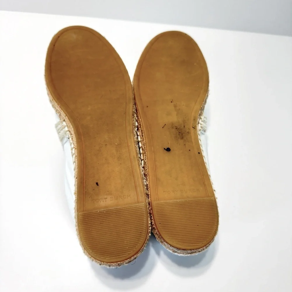 Tory Burch Ines Double T Canvas Espadrilles White Coastal Tan Flat Sz 10 Summer